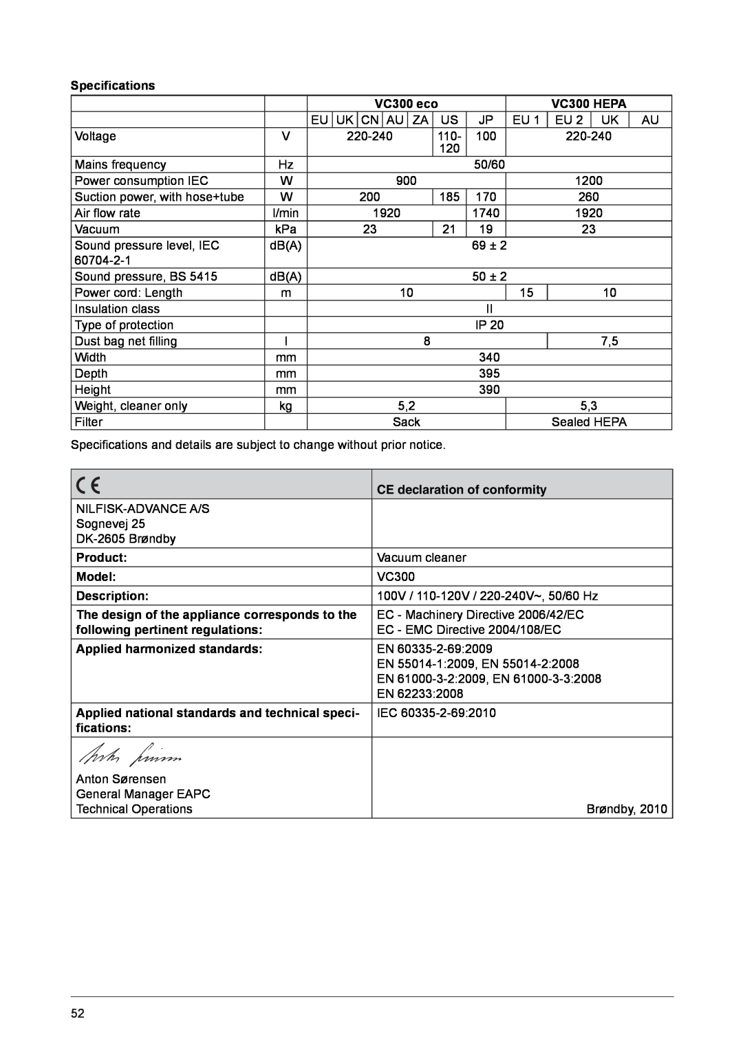Nilfisk-ALTO VC300 user manual Specifications, CE declaration of conformity 