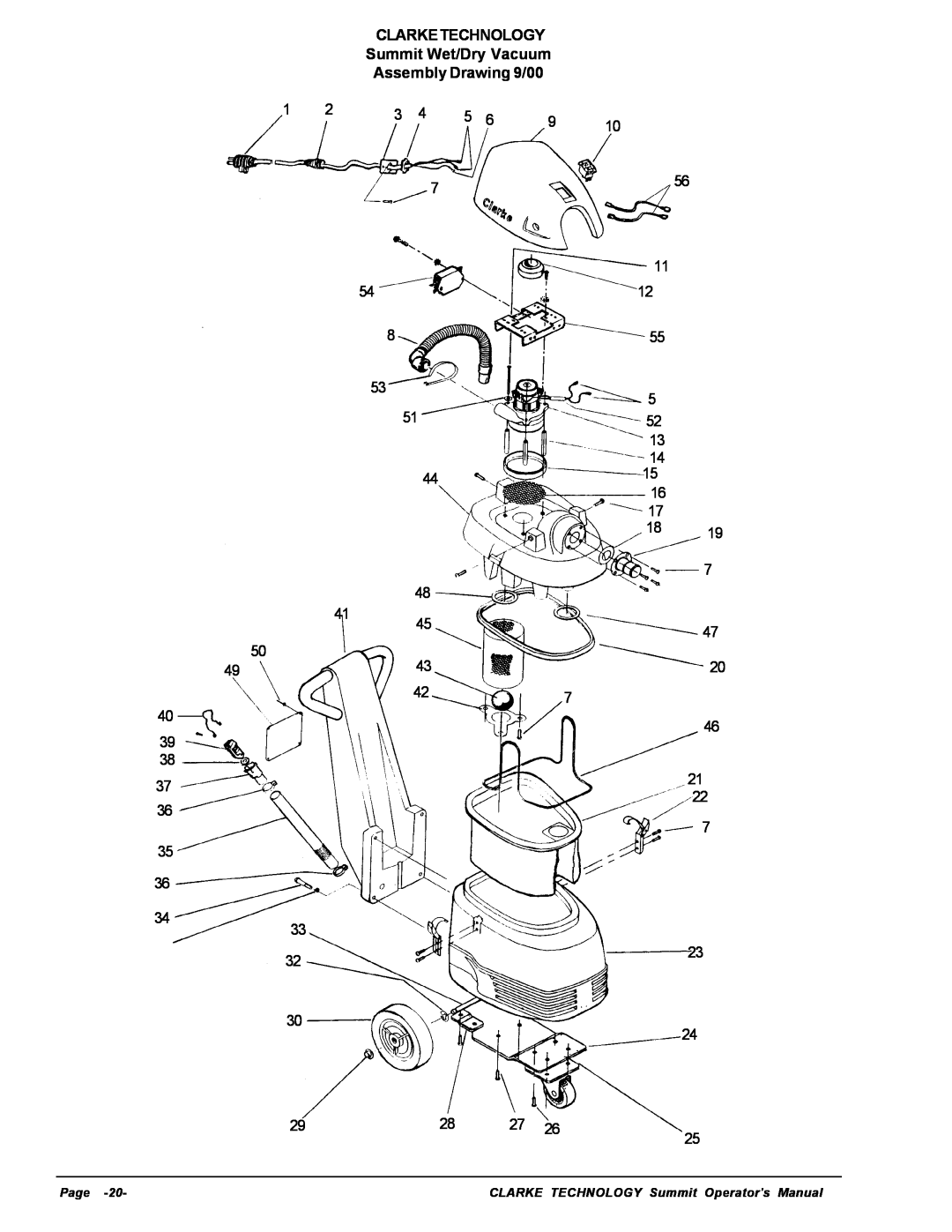 Nilfisk-ALTO manuel dutilisation CLARKETECHNOLOGY Summit Wet/Dry Vacuum, Assembly Drawing 9/00, Page 