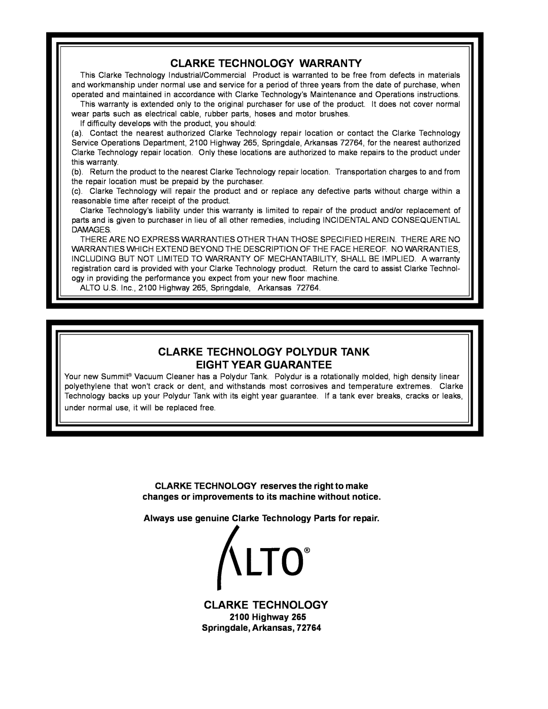 Nilfisk-ALTO Wet/Dry Vacuum Clarke Technology Warranty, Clarke Technology Polydur Tank, Eight Year Guarantee 