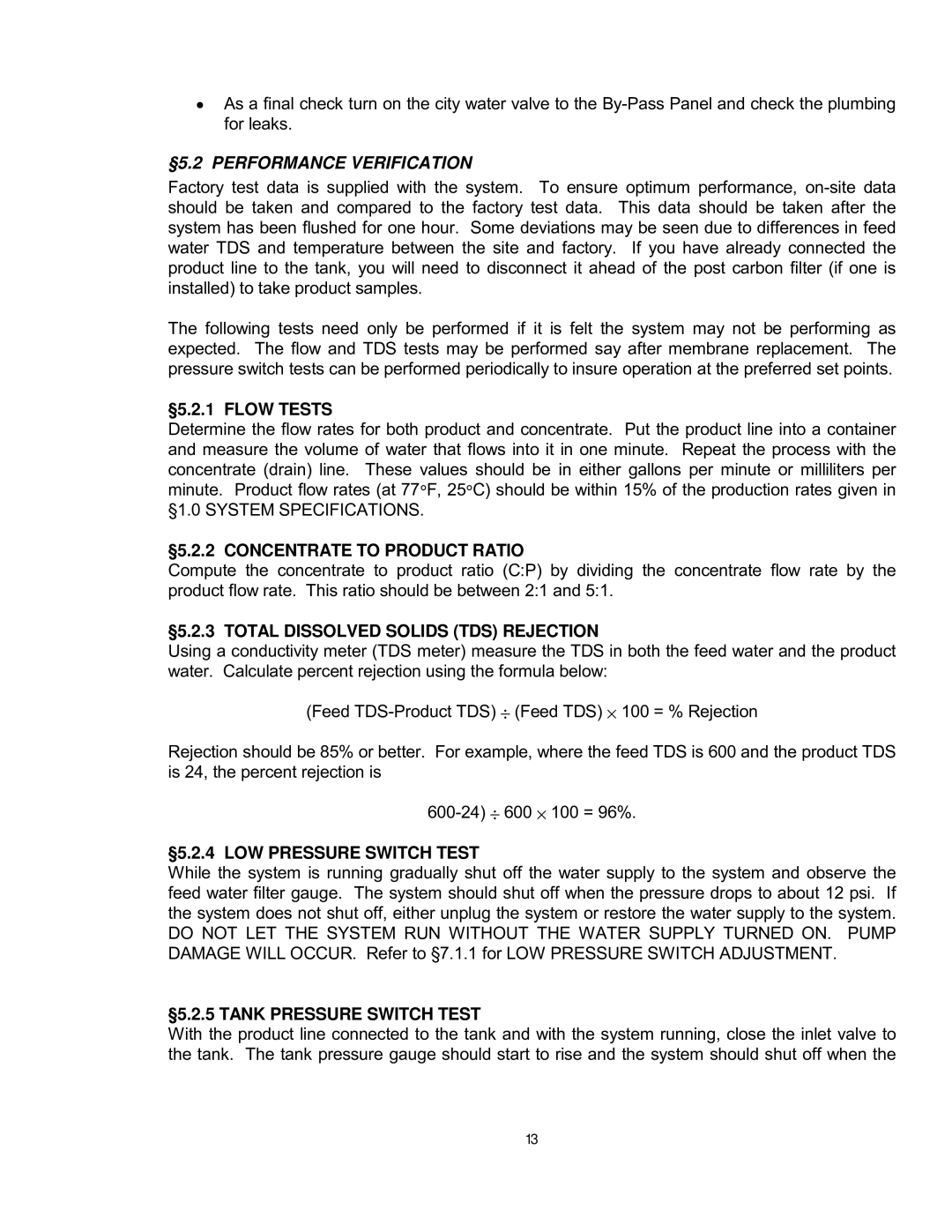 Nimbus Water Systems MN-800-TF §5.2.1 Flow Tests, §5.2.2 Concentrate to Product Ratio, §5.2.4 LOW Pressure Switch Test 