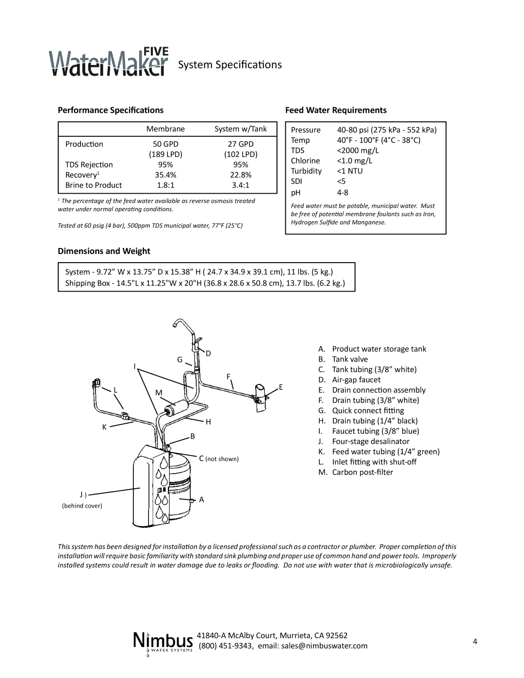 Nimbus Water Systems WM5-50 manual System Specifications, Performance Specifications 