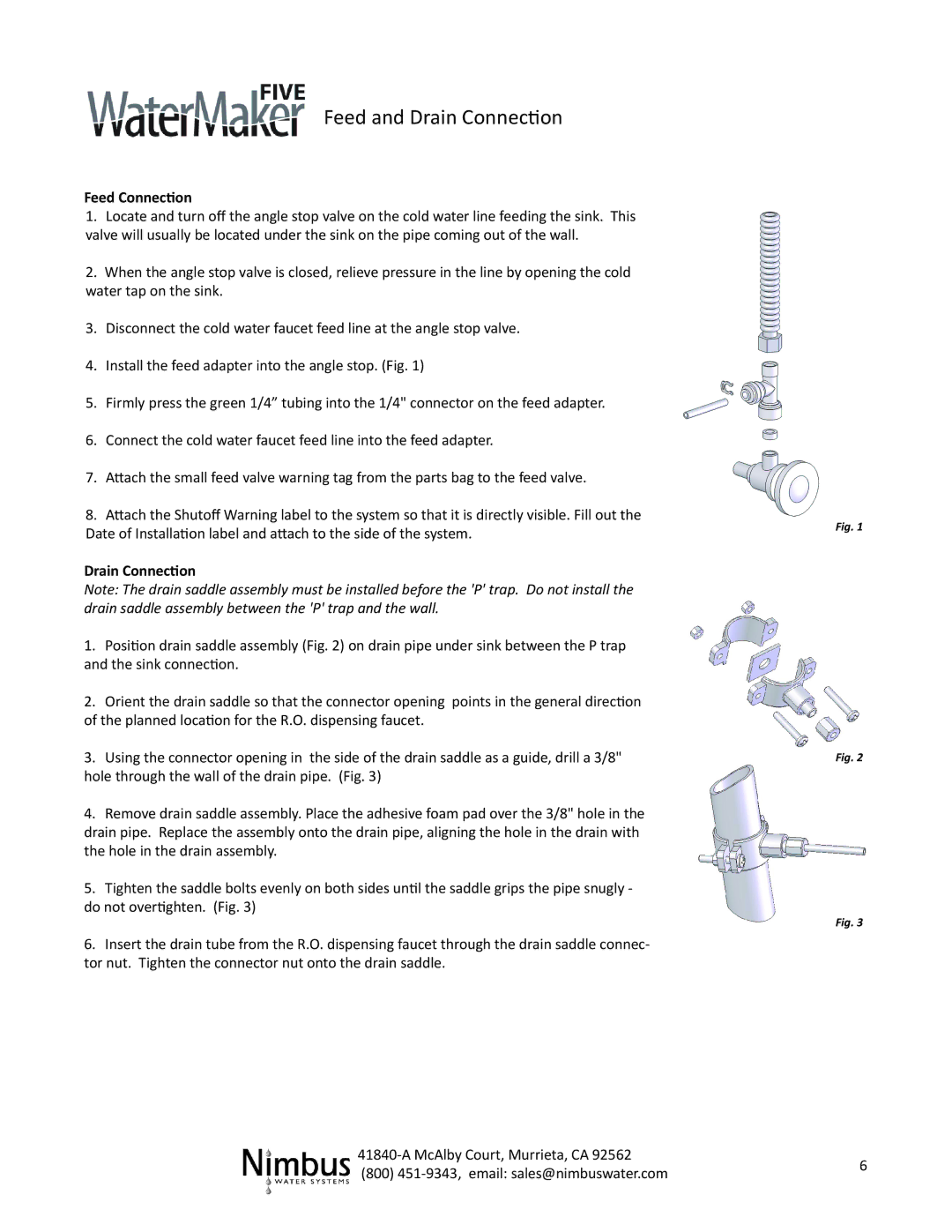 Nimbus Water Systems WM5-50 manual Feed and Drain Connection, Feed Connection 