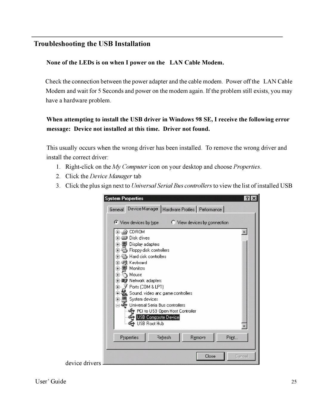 Nintendo 2000 manual Troubleshooting the USB Installation, None of the LEDs is on when I power on the LAN Cable Modem 