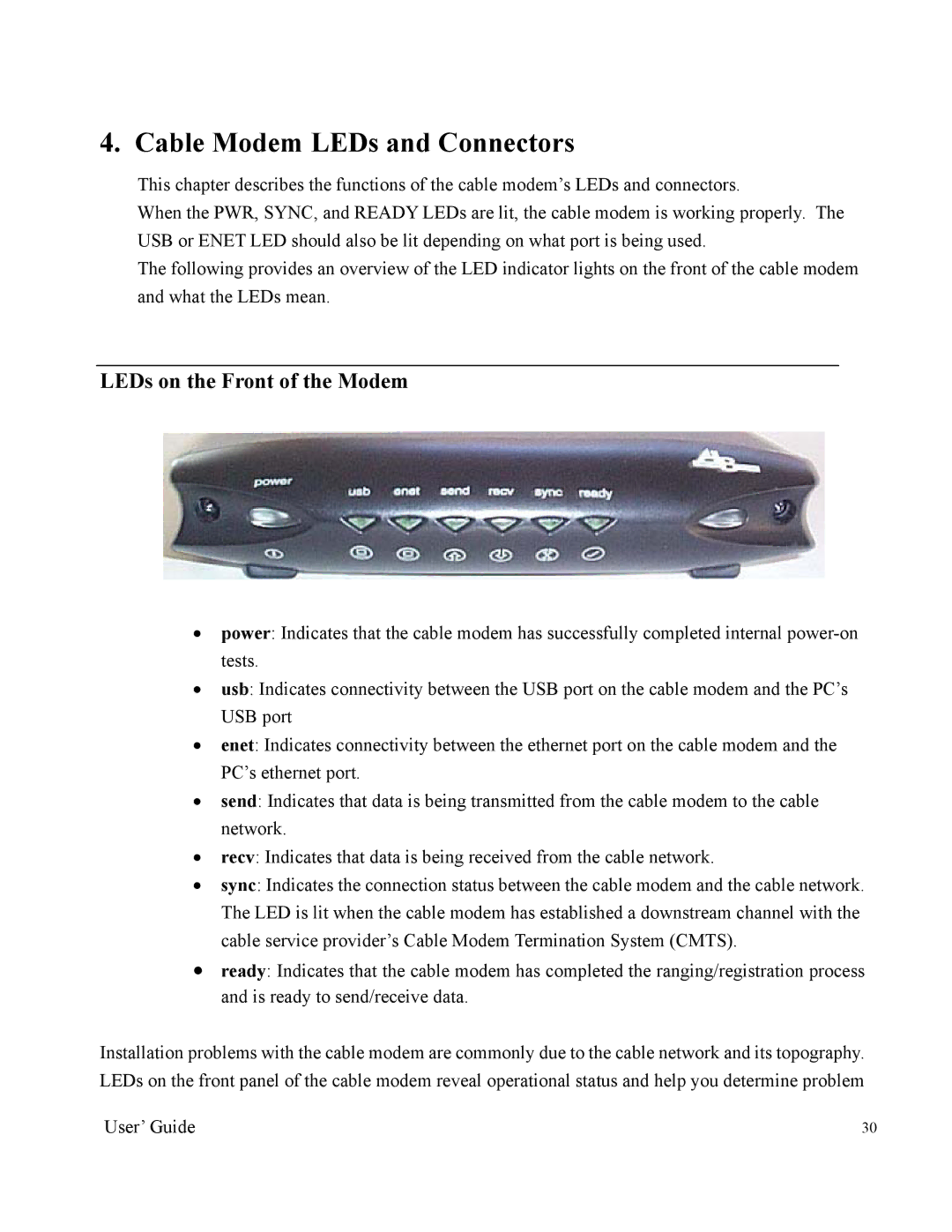 Nintendo 2000 manual Cable Modem LEDs and Connectors, LEDs on the Front of the Modem 