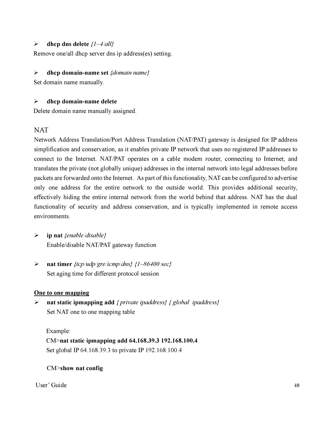 Nintendo 2000 manual ¾ dhcp dns delete 1~4/all, One to one mapping, CMnat static ipmapping add 64.168.39.3 