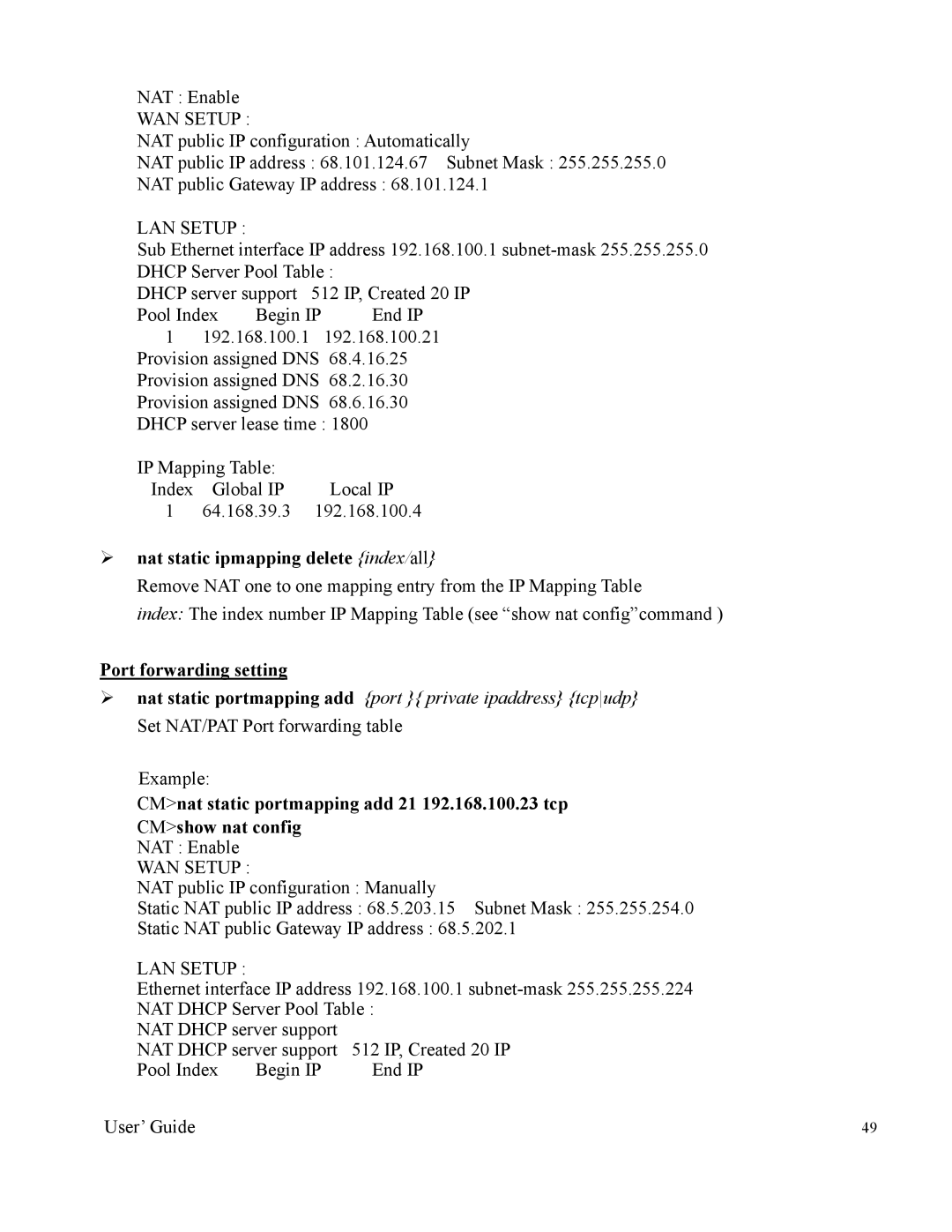 Nintendo 2000 manual ¾ nat static ipmapping delete index/all, Port forwarding setting 