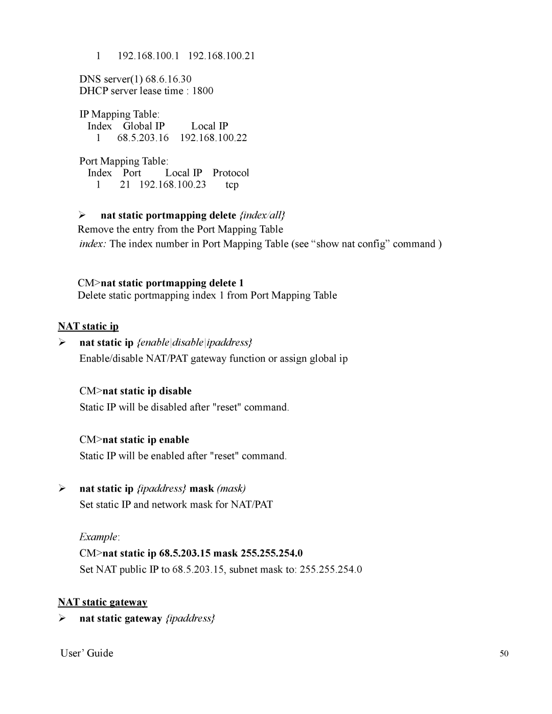 Nintendo 2000 manual CMnat static portmapping delete, NAT static ip, CMnat static ip disable, CMnat static ip enable 