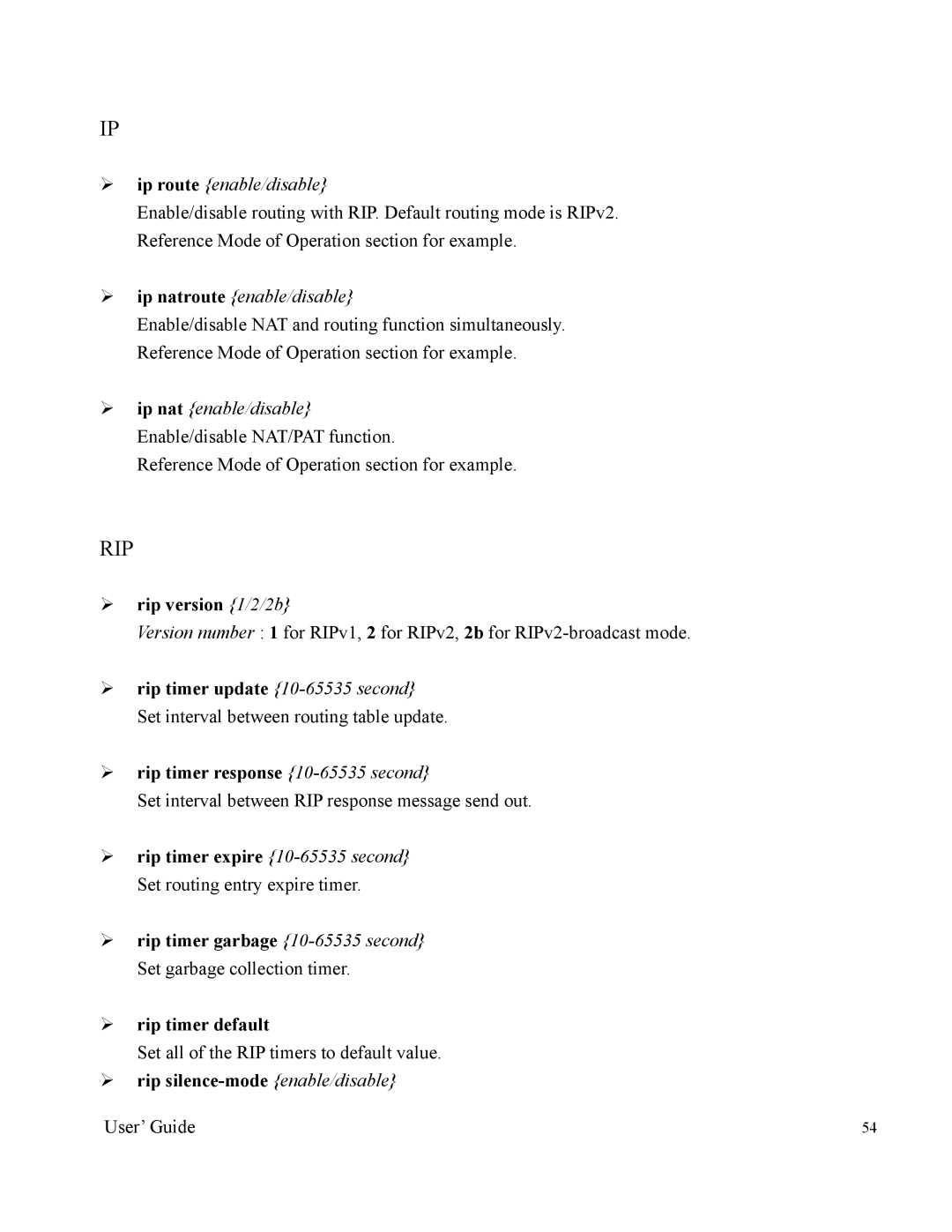 Nintendo 2000 manual ¾ rip version 1/2/2b, ¾ rip timer response 10-65535 second, ¾ rip silence-mode enable/disable 