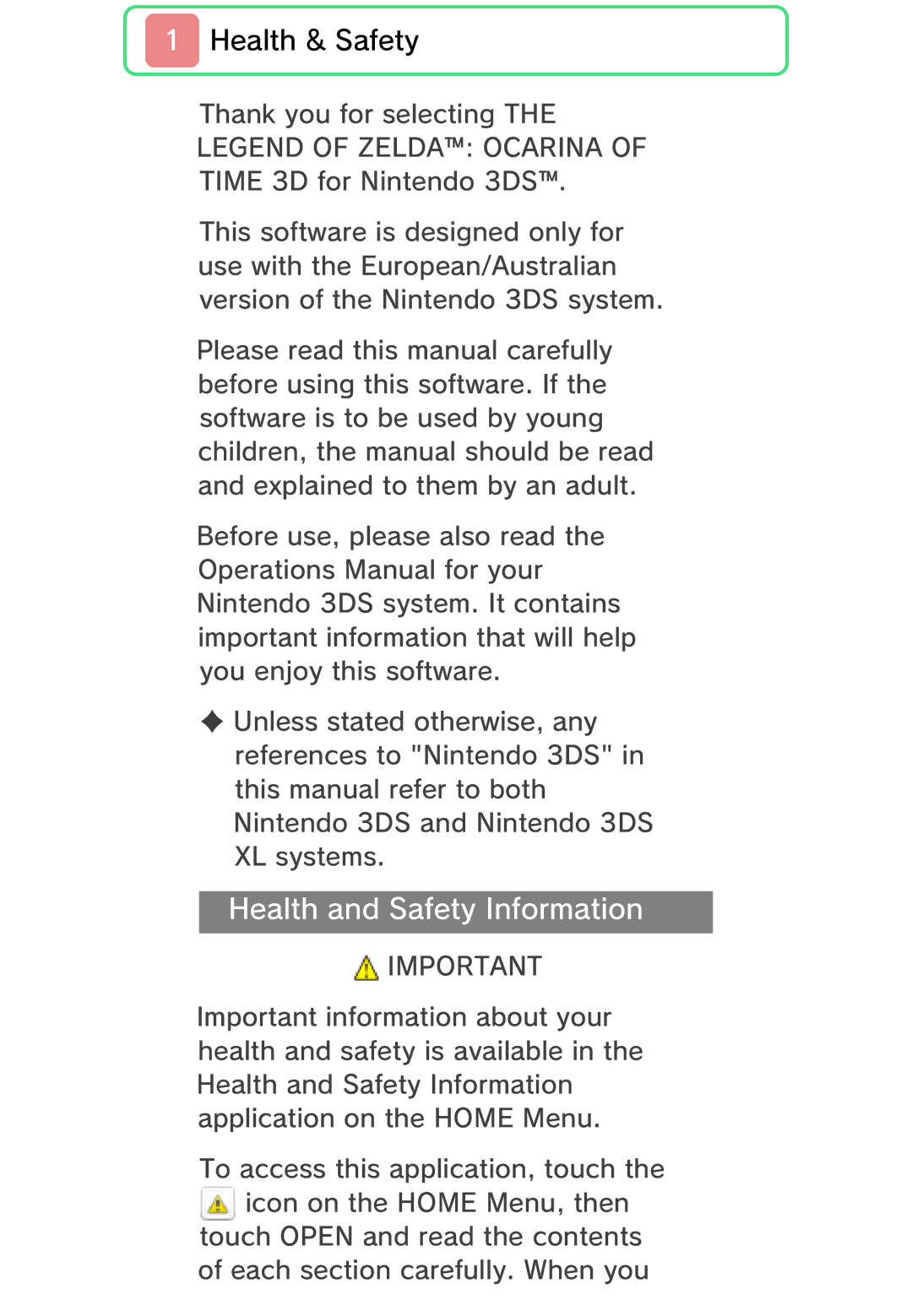 Nintendo 45496741556 manual Health and Safety Information 