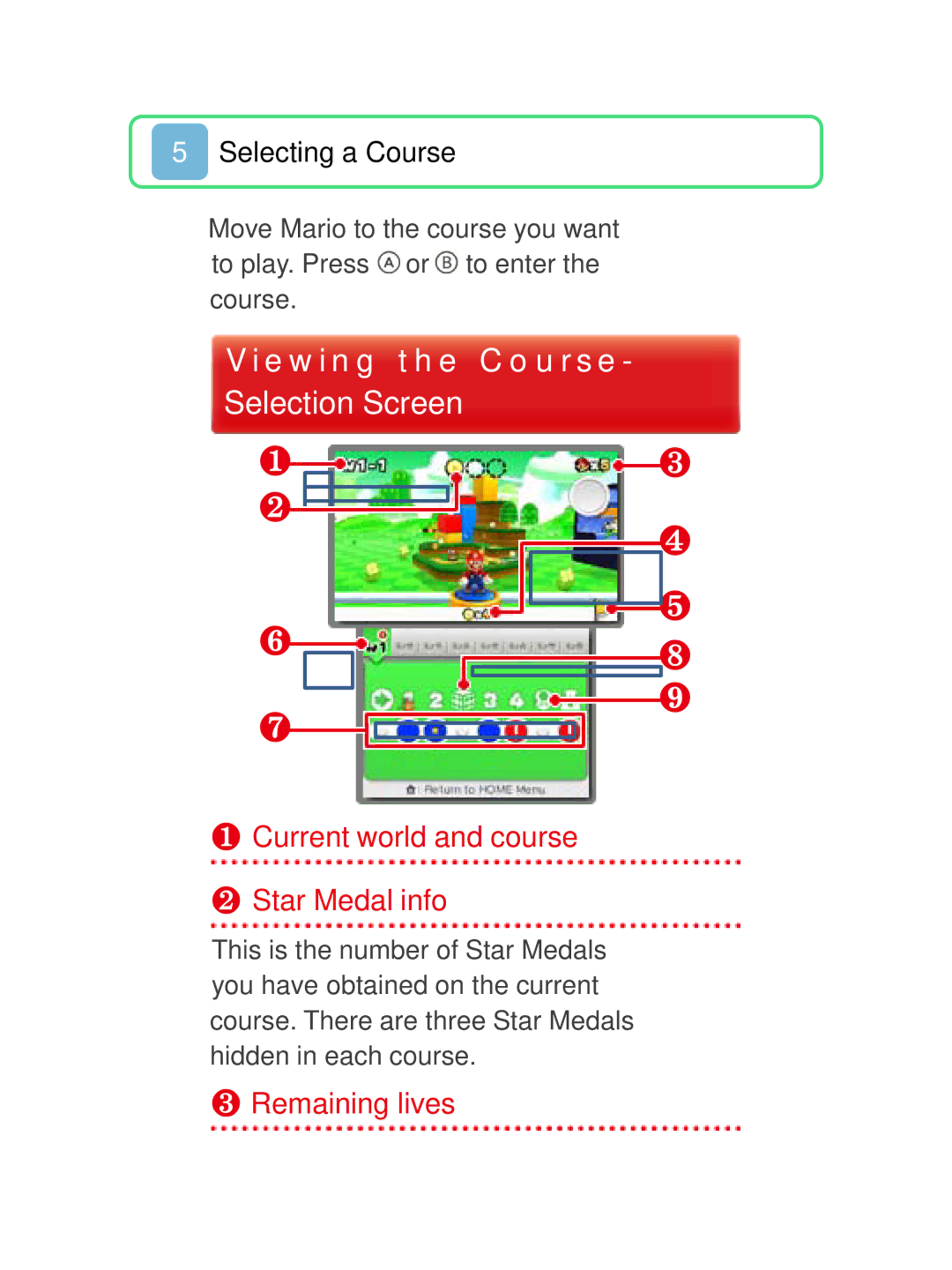 Nintendo 45496741723 manual E w i n g t h e C o u r s e Selection Screen, ❶ Current world and course ❷ Star Medal info 