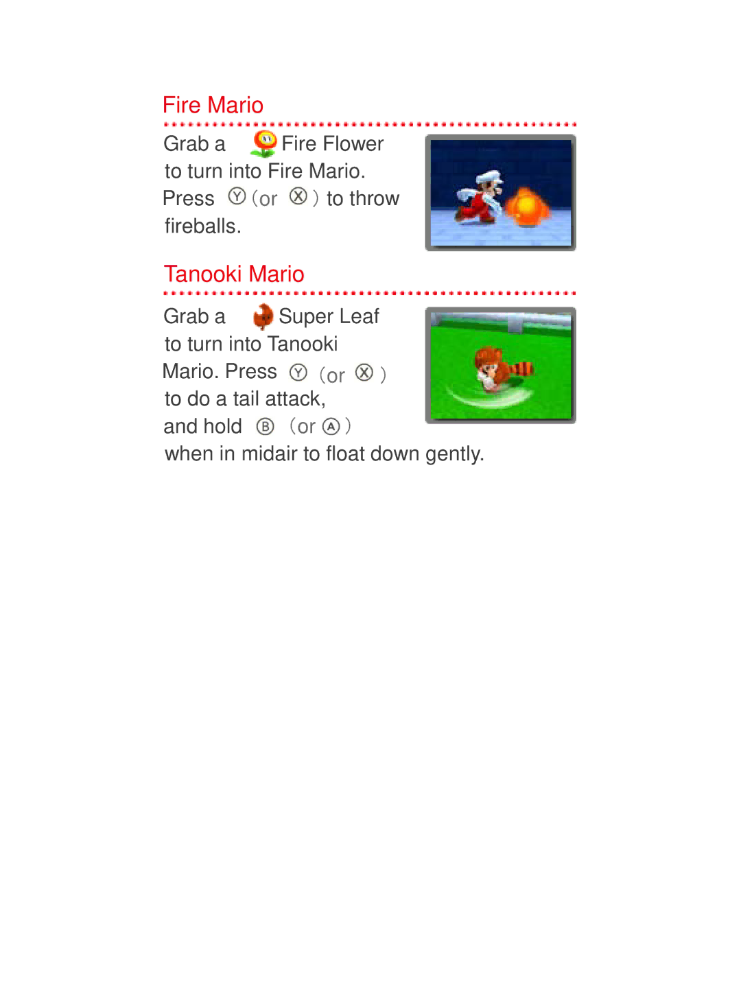 Nintendo 45496741723 manual Fire Mario, Tanooki Mario 