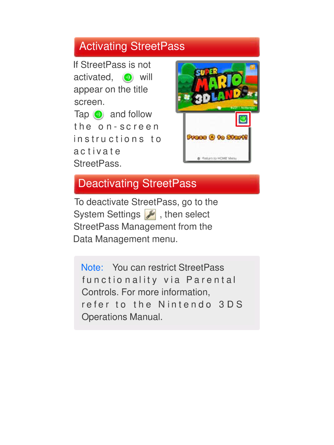 Nintendo 45496741723 manual Activating StreetPass, Deactivating StreetPass 