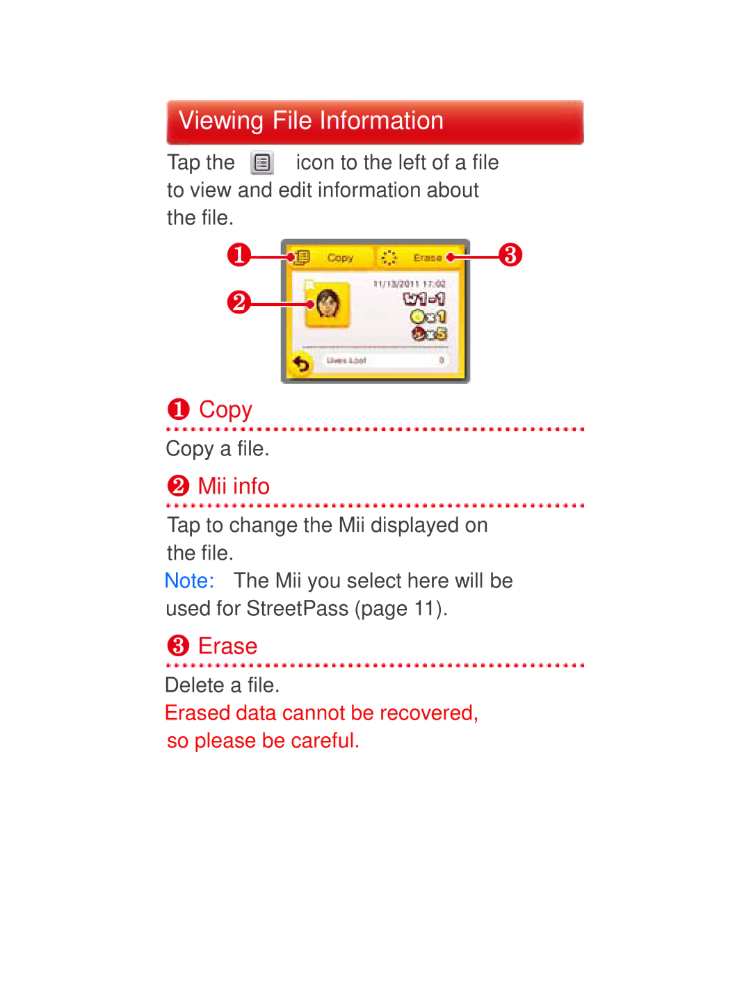 Nintendo 45496741723 manual Viewing File Information, ❶ Copy, ❷ Mii info, ❸ Erase 