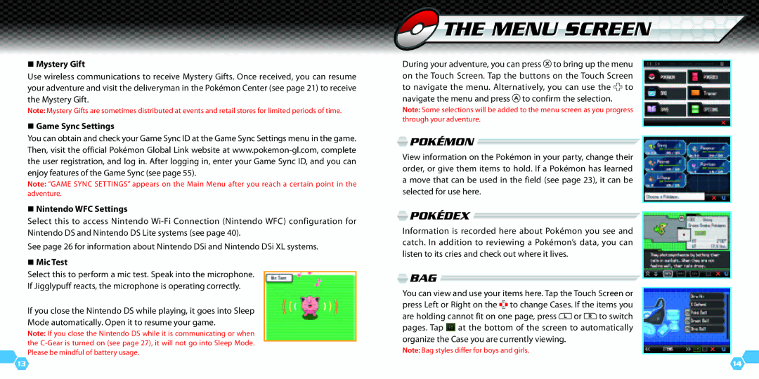 Nintendo 45496742010 manual Menu Screen, Pokémon, Pokédex, Bag 