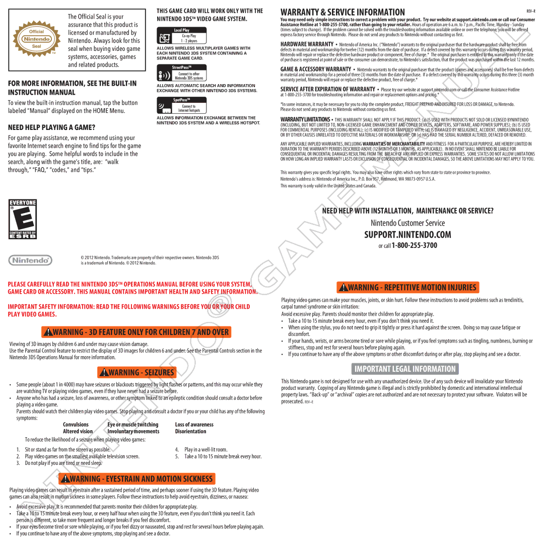 Nintendo 45496742072 manual Warranty & Service Information 