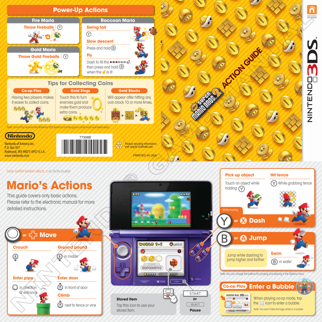 Nintendo 45496742072 manual Mario’s Actions, Power-Up Actions, or Move, or Dash or Jump, Co-op Play Enter a Bubble 