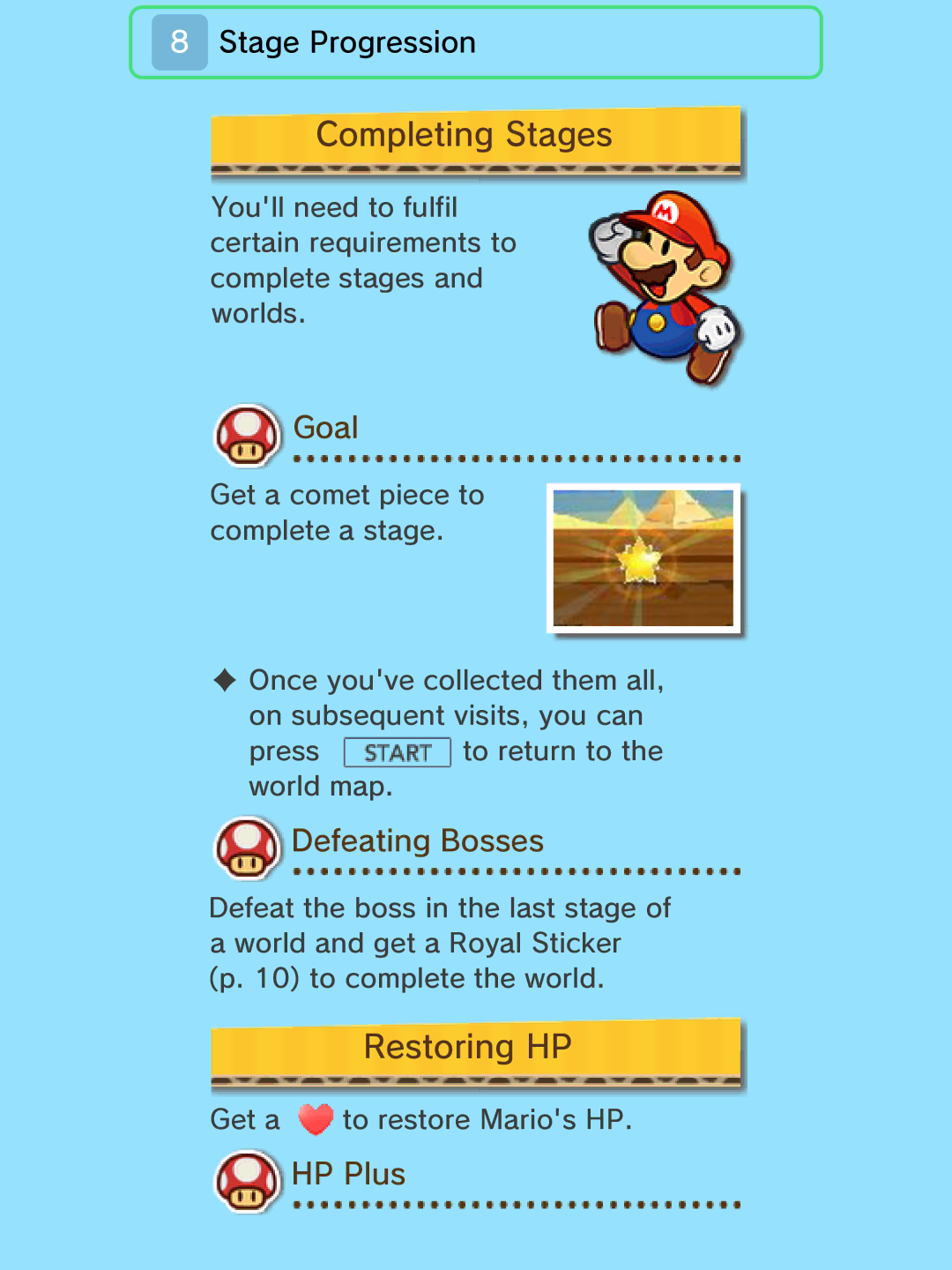 Nintendo 45496742133 manual Completing Stages, Restoring HP, Goal, Defeating Bosses, HP Plus 