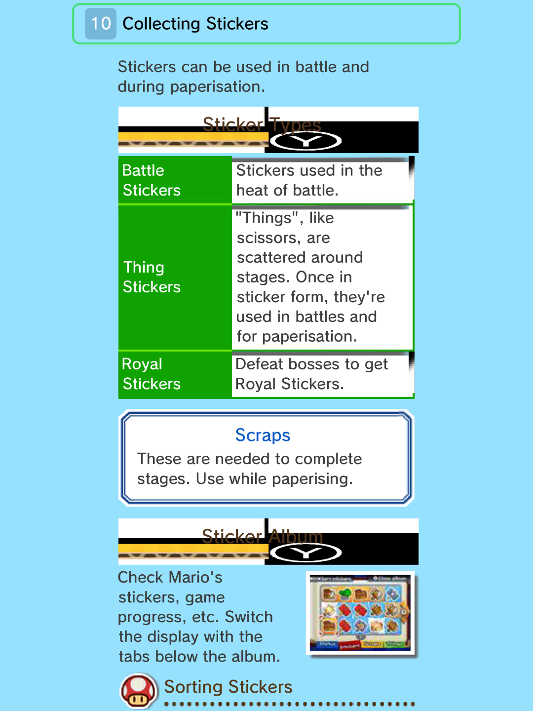 Nintendo 45496742133 manual Sticker Types, Sticker Album, Sorting Stickers 