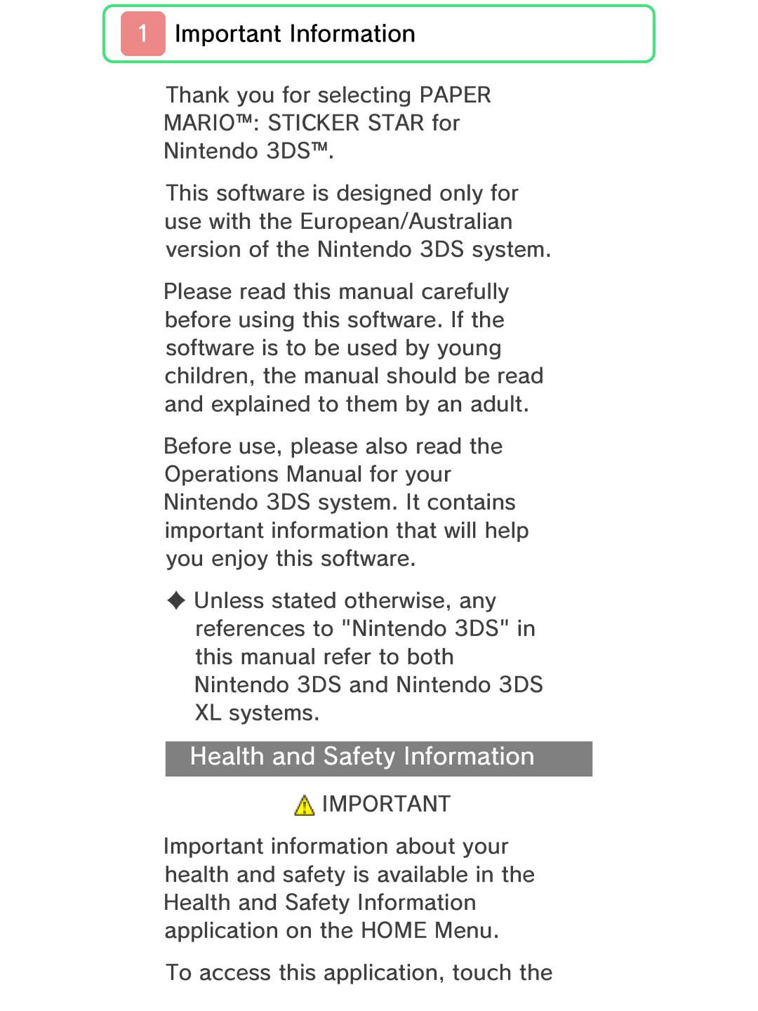 Nintendo 45496742133 manual Health and Safety Information 