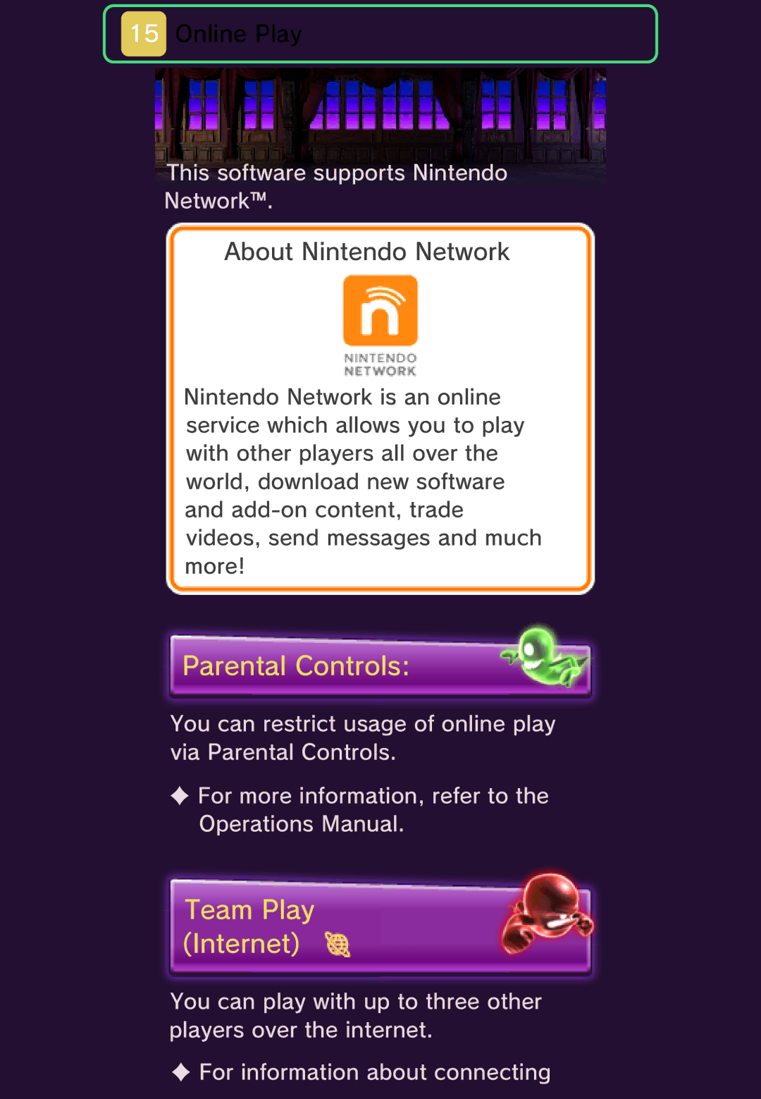 Nintendo 45496742157 manual Parental Controls, Team Play Internet 