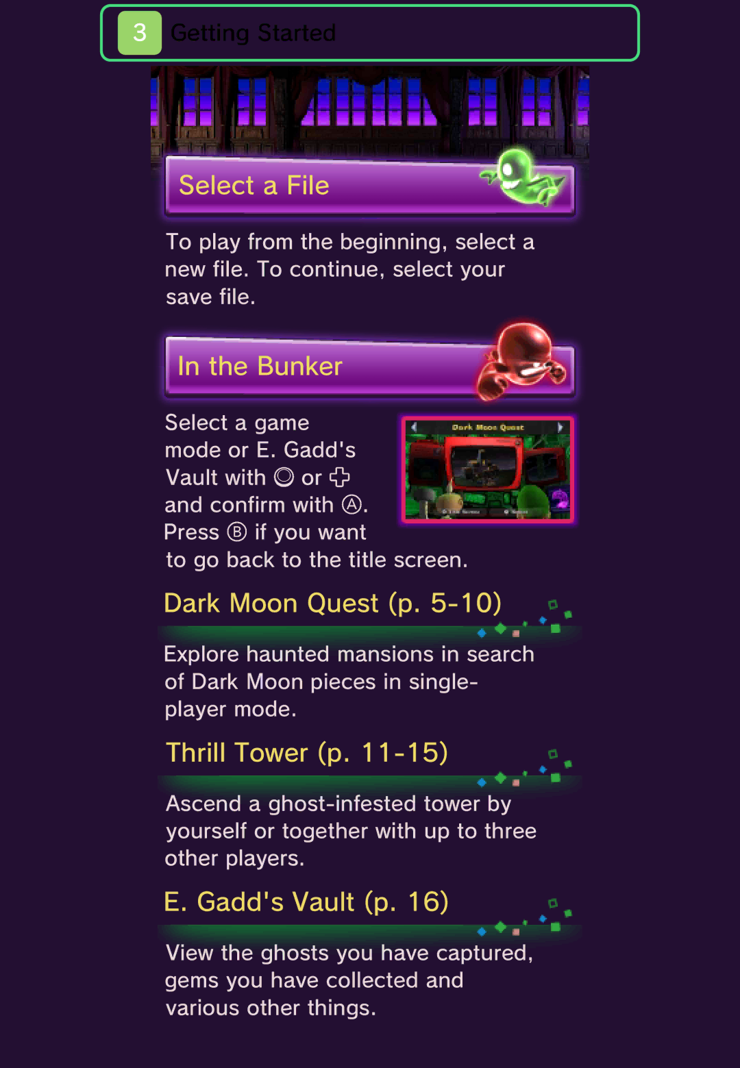 Nintendo 45496742157 manual Select a File, Bunker, Dark Moon Quest p, Thrill Tower p, Gadds Vault p 