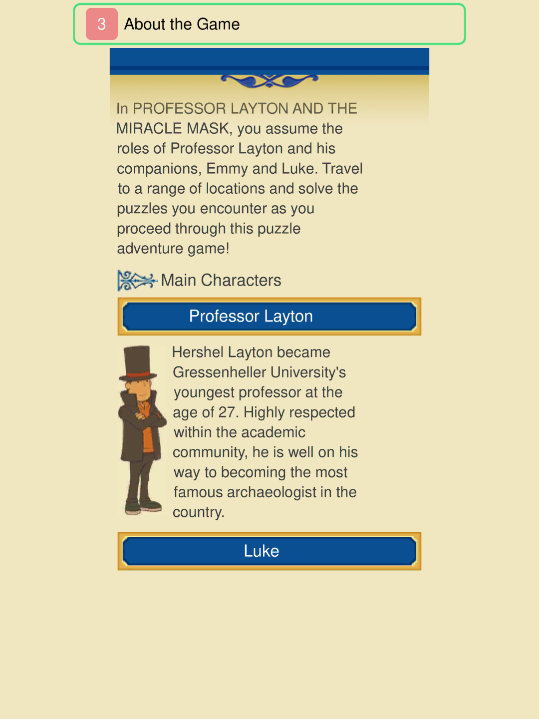 Nintendo 45496742218 manual Main Characters, Professor Layton, Luke 