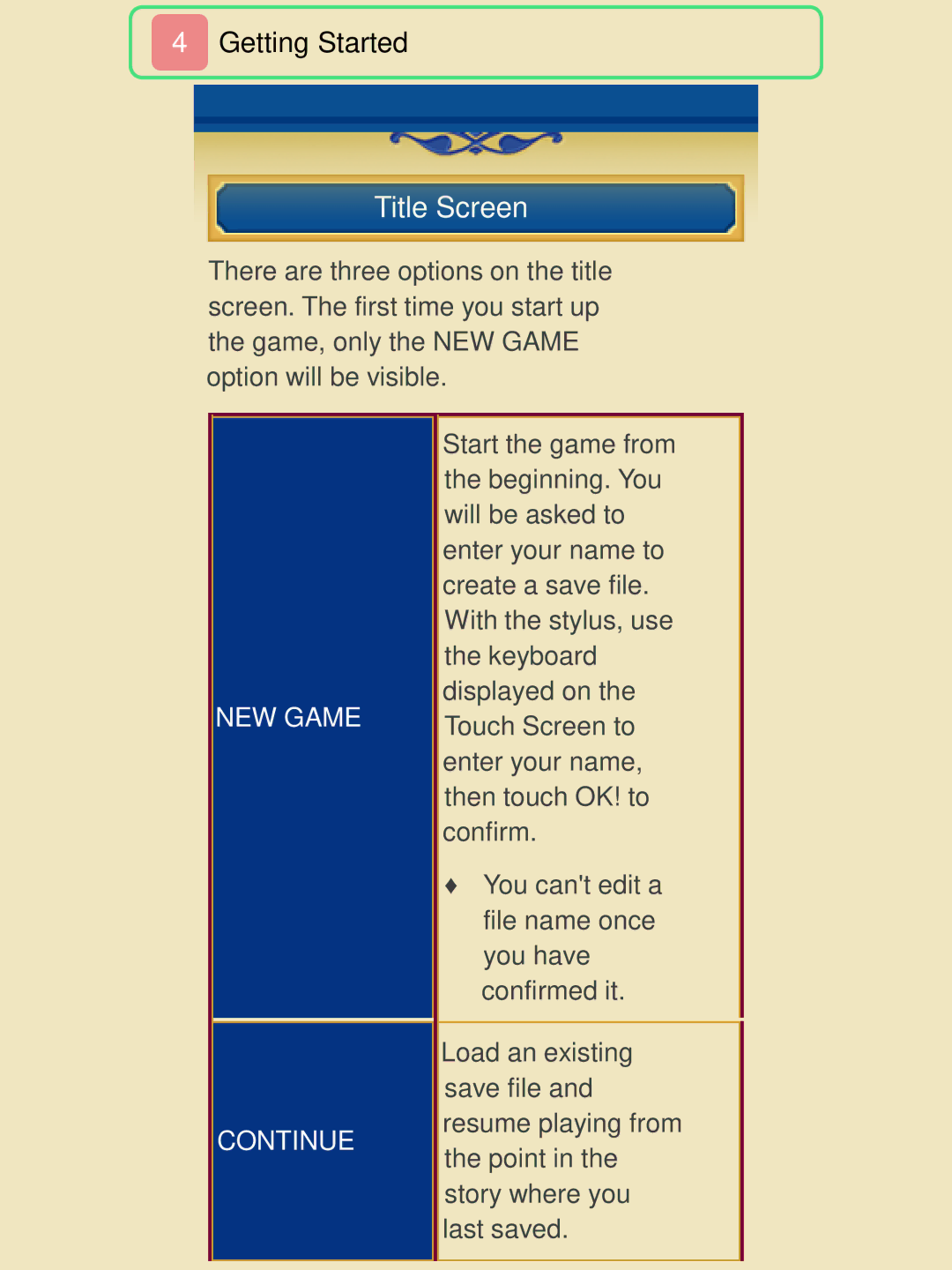 Nintendo 45496742218 manual Title Screen, NEW Game Continue 