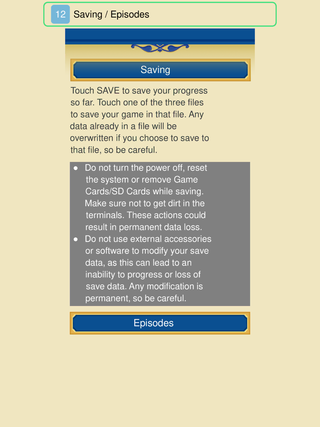 Nintendo 45496742218 manual Saving, Episodes 