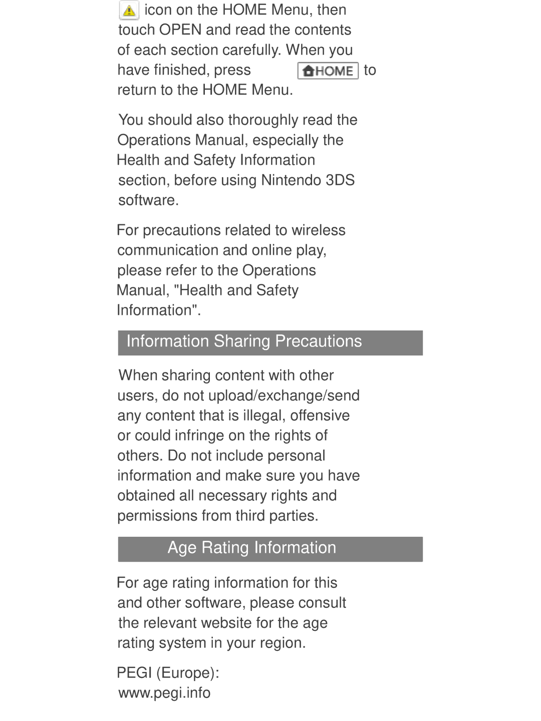 Nintendo 45496742218 manual Information Sharing Precautions, Age Rating Information 