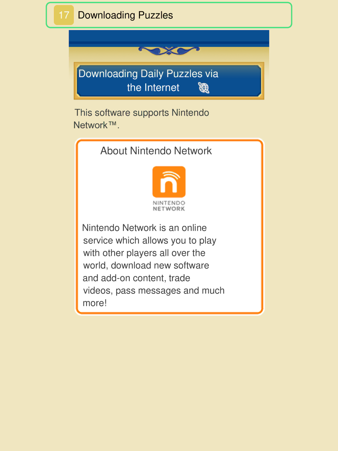 Nintendo 45496742218 manual Downloading Daily Puzzles via the Internet, About Nintendo Network 