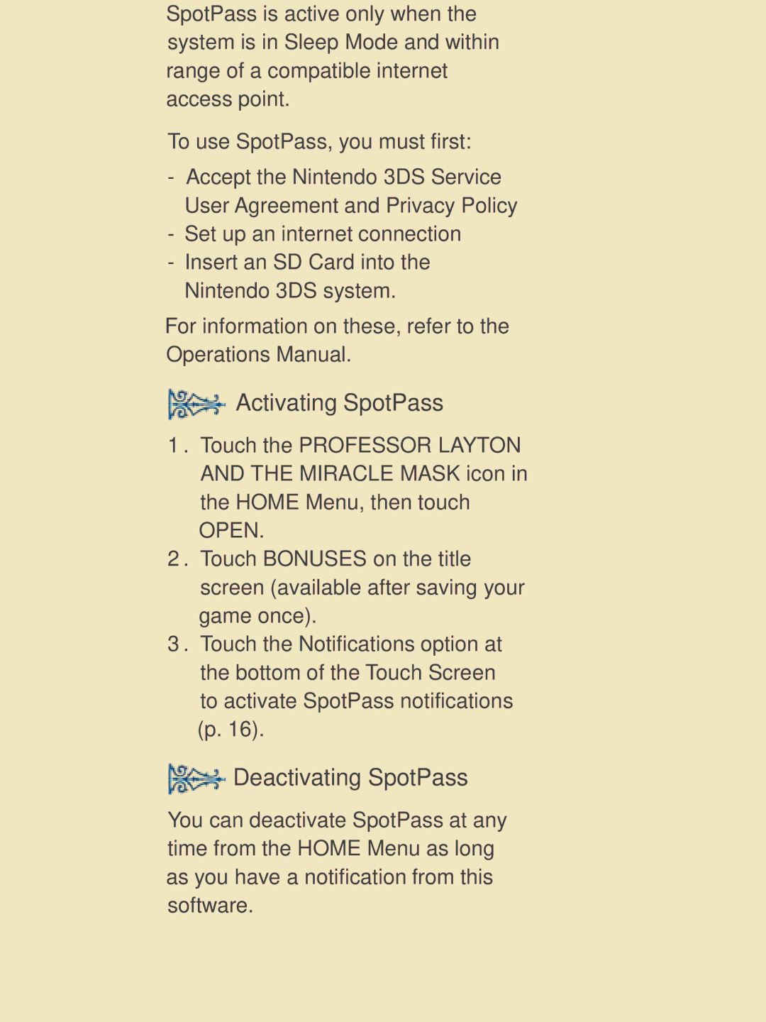 Nintendo 45496742218 manual Activating SpotPass, Deactivating SpotPass 
