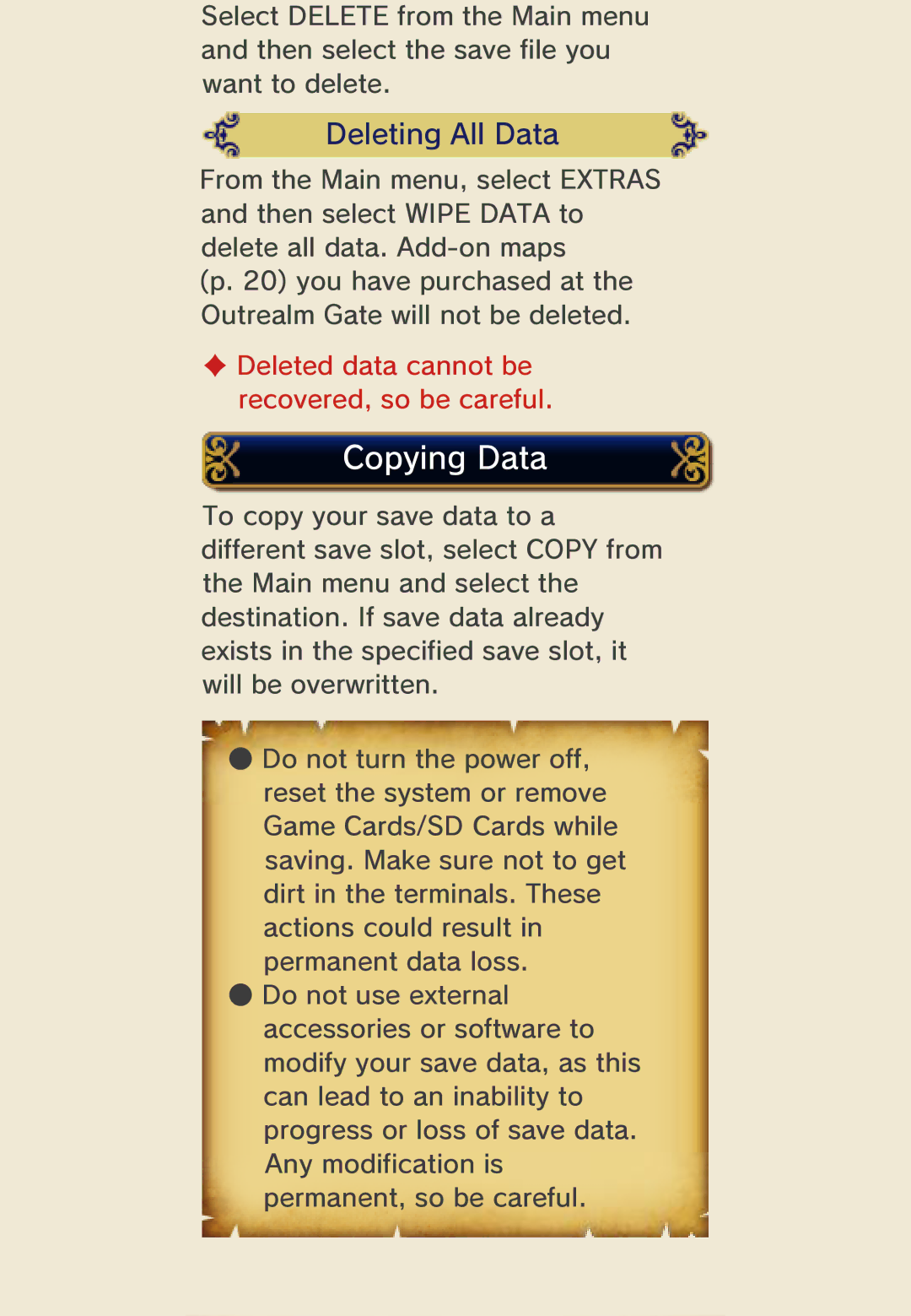 Nintendo 45496742355 manual Copying Data, Deleting All Data 