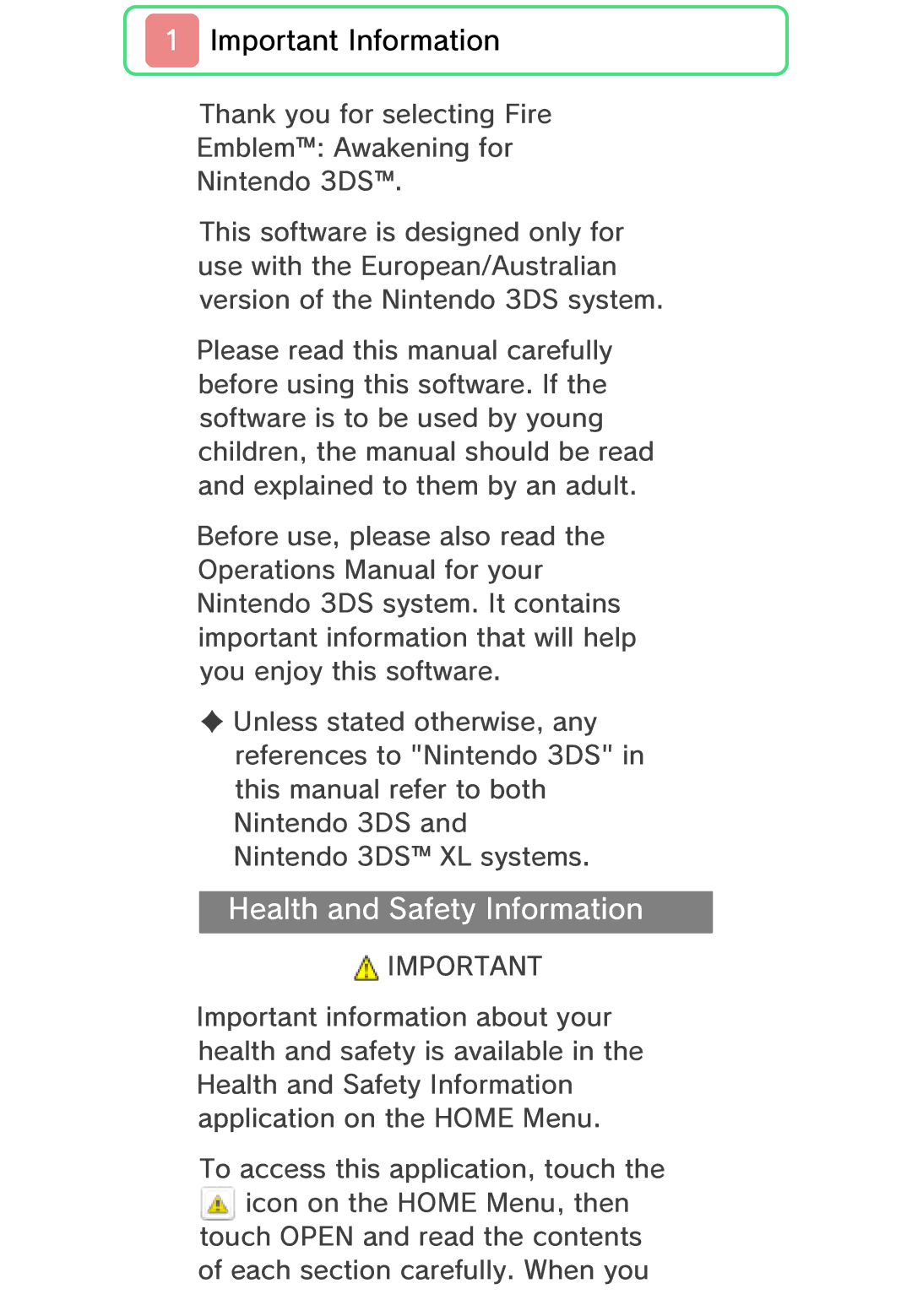 Nintendo 45496742355 manual Health and Safety Information 