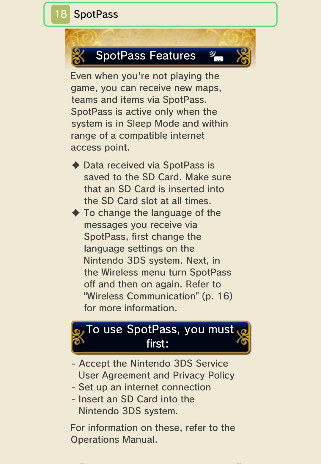 Nintendo 45496742355 manual SpotPass Features, To use SpotPass, you must first 
