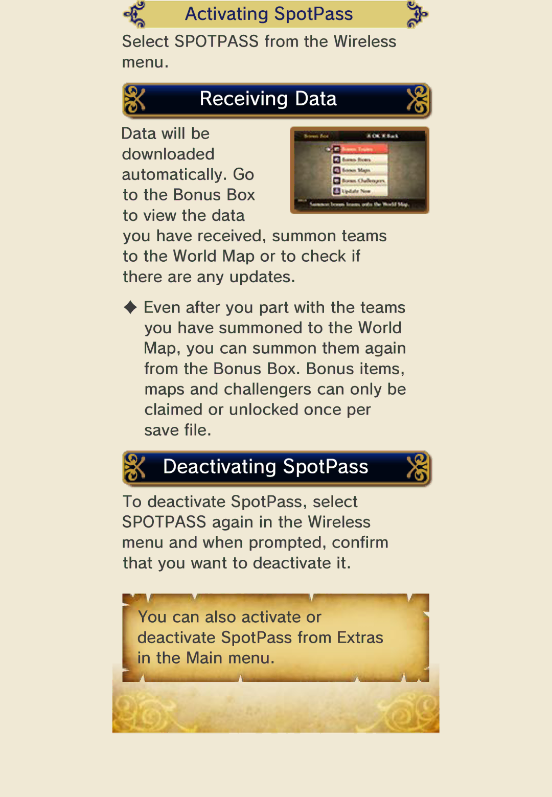 Nintendo 45496742355 manual Receiving Data, Deactivating SpotPass, Activating SpotPass 