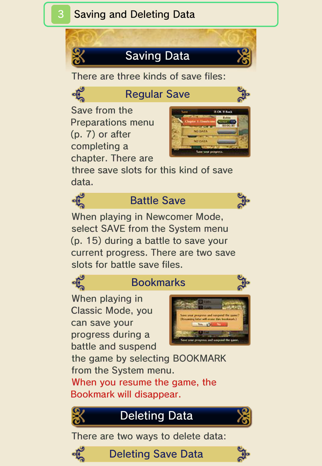 Nintendo 45496742355 manual Saving Data, Deleting Data 