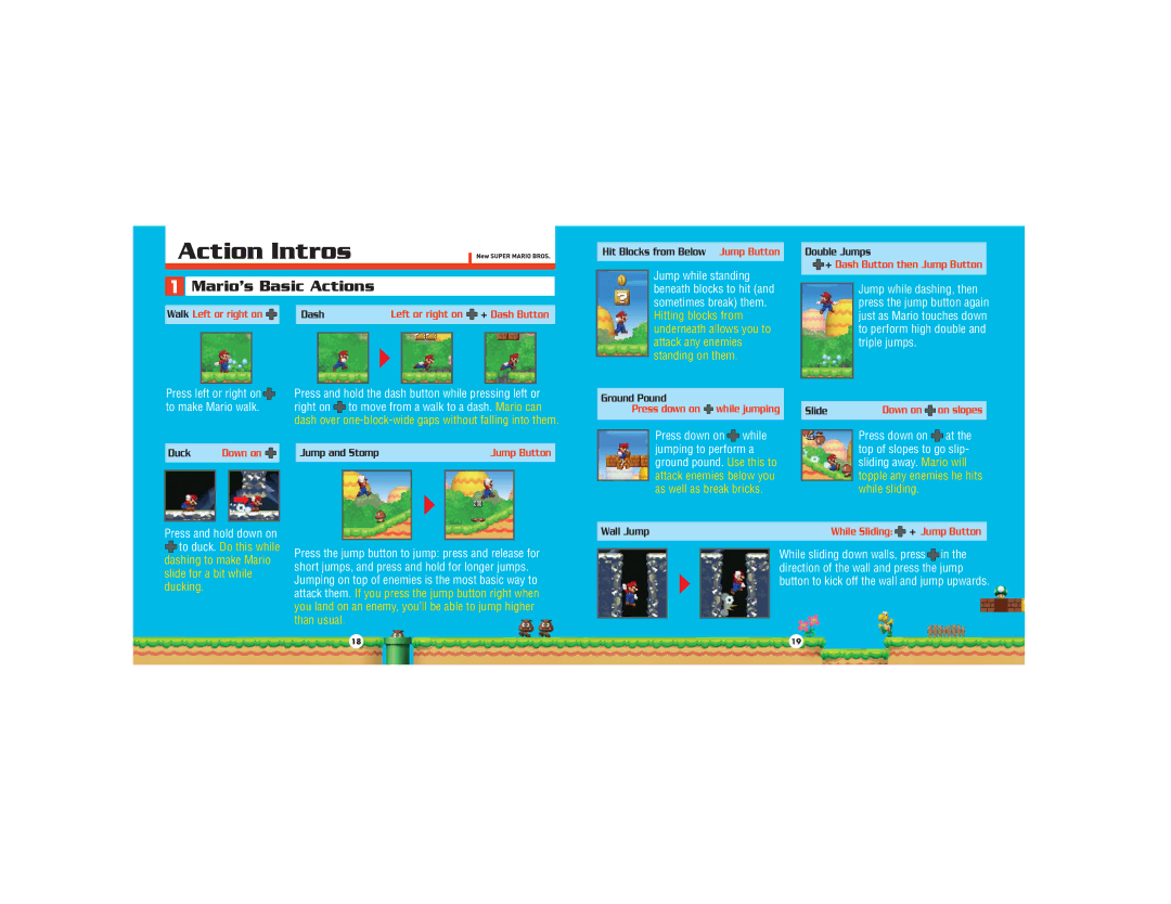 Nintendo 45496901738 manual Action Intros, Mario’s Basic Actions 