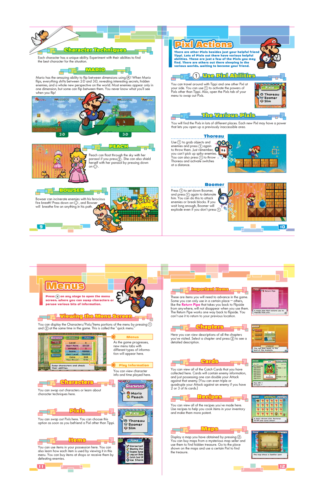 Nintendo 45496902629 manual Pixl Actions, Various Pixls, Character Techniques, Viewing the Menu Screen 