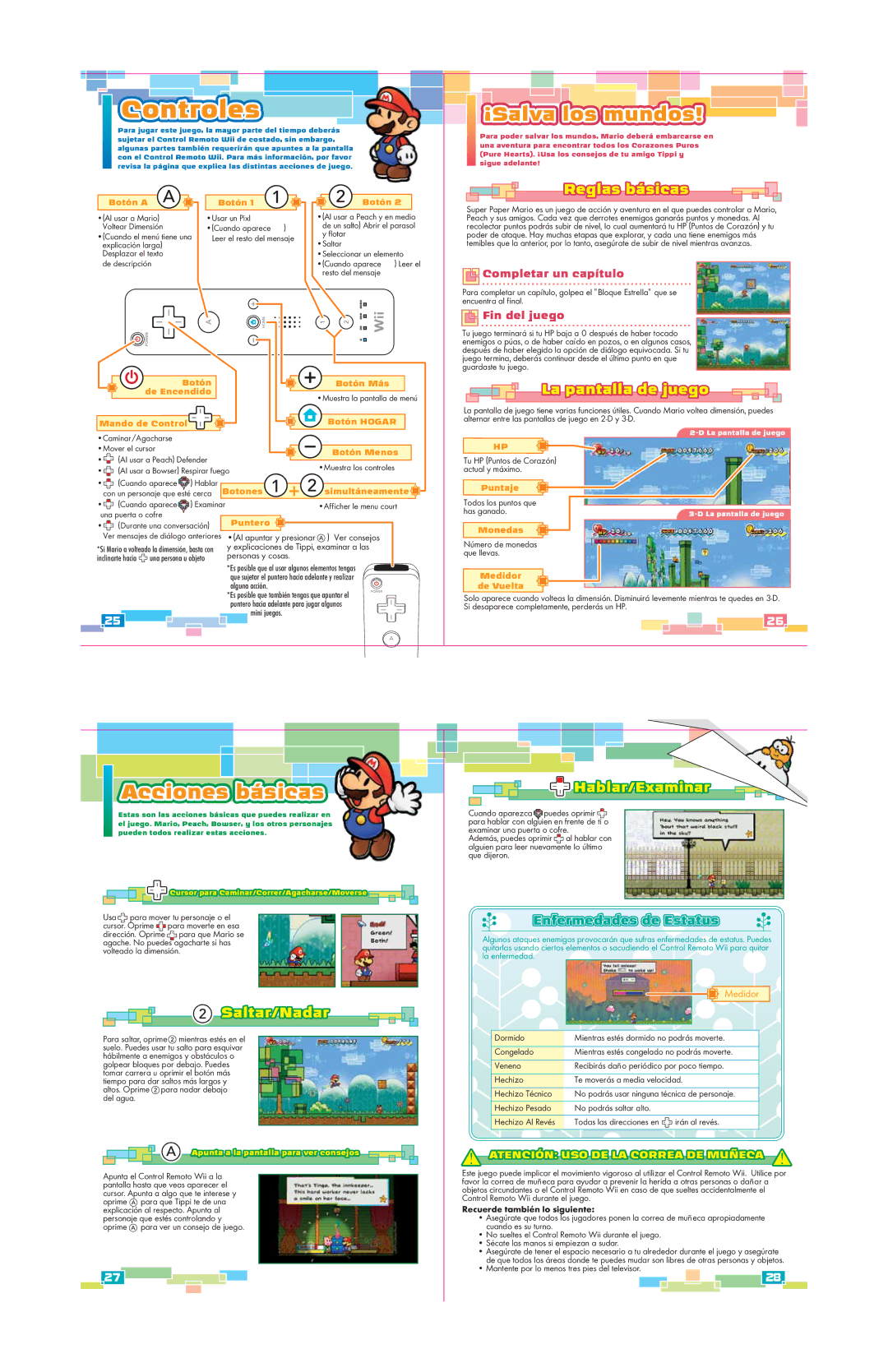 Nintendo 45496902629 manual Controles, Reglas básicas, La pantalla de juego, Saltar/Nadar, Hablar/Examinar 