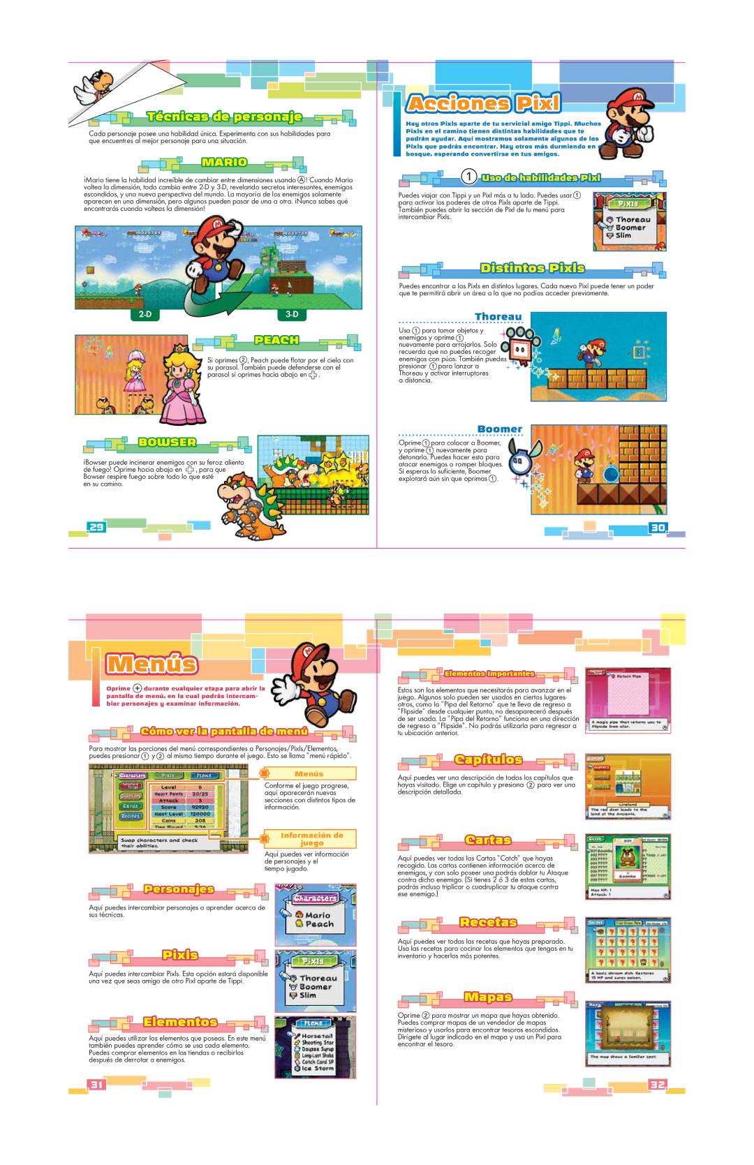 Nintendo 45496902629 manual Acciones Pixl, Distintos Pixls, Elementos, Capítulos 