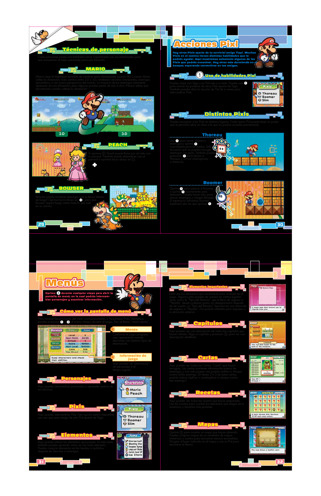 Nintendo 45496902629 Menús, Acciones Pixl, Distintos Pixls, Elementos, Técnicas de personaje, Mapas, Capítulos, Cartas 