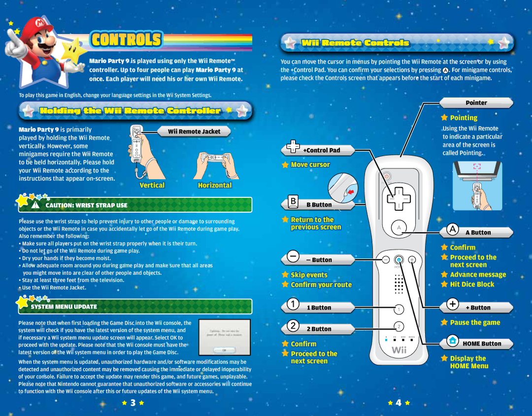 Nintendo 45496902841 manual Holding the Wii Remote Controller Wii Remote Controls, System Menu Update 