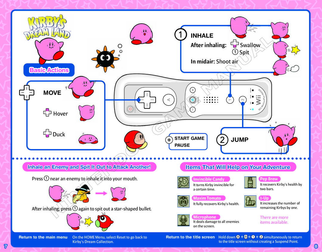 Nintendo 45496902933 manual Move, Hover Duck, Inhale, After inhaling Swallow Spit Midair Shoot air, Jump 