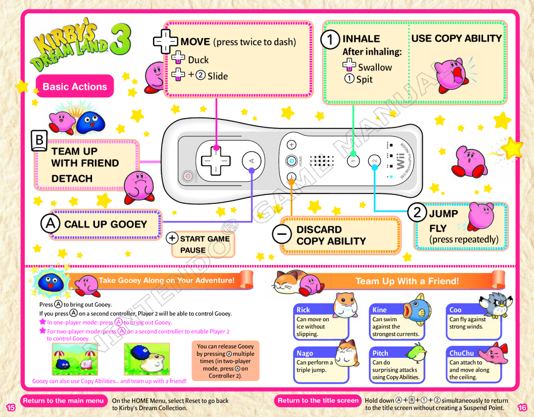 Nintendo 45496902933 manual After inhaling Duck Swallow Slide, Team UP With Friend Detach Call UP Gooey Jump Discard FLY 