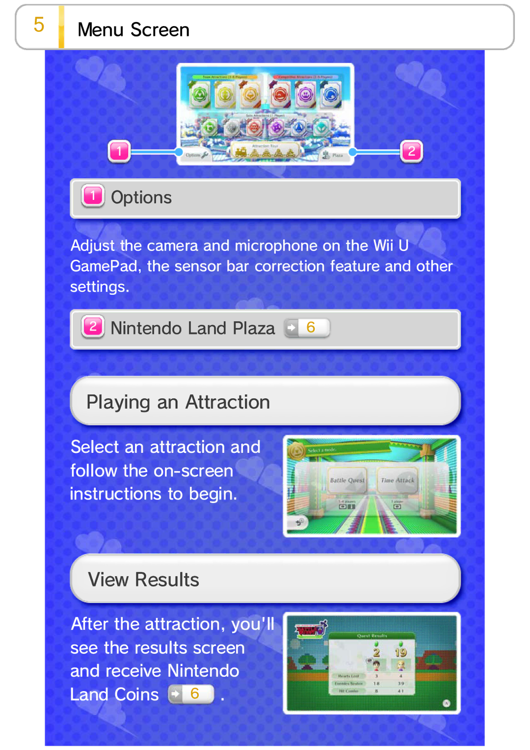 Nintendo 45496903008 manual Playing an Attraction, View Results, Options, Nintendo Land Plaza 