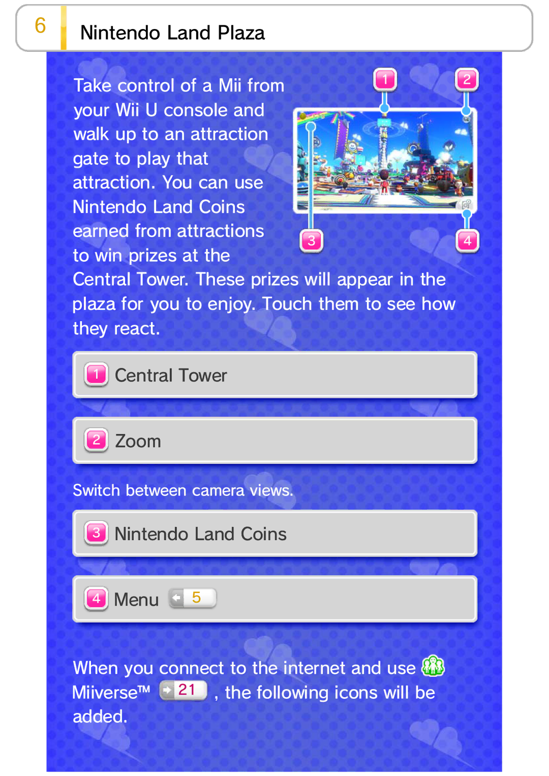 Nintendo 45496903008 manual Central Tower Zoom, Nintendo Land Coins Menu 