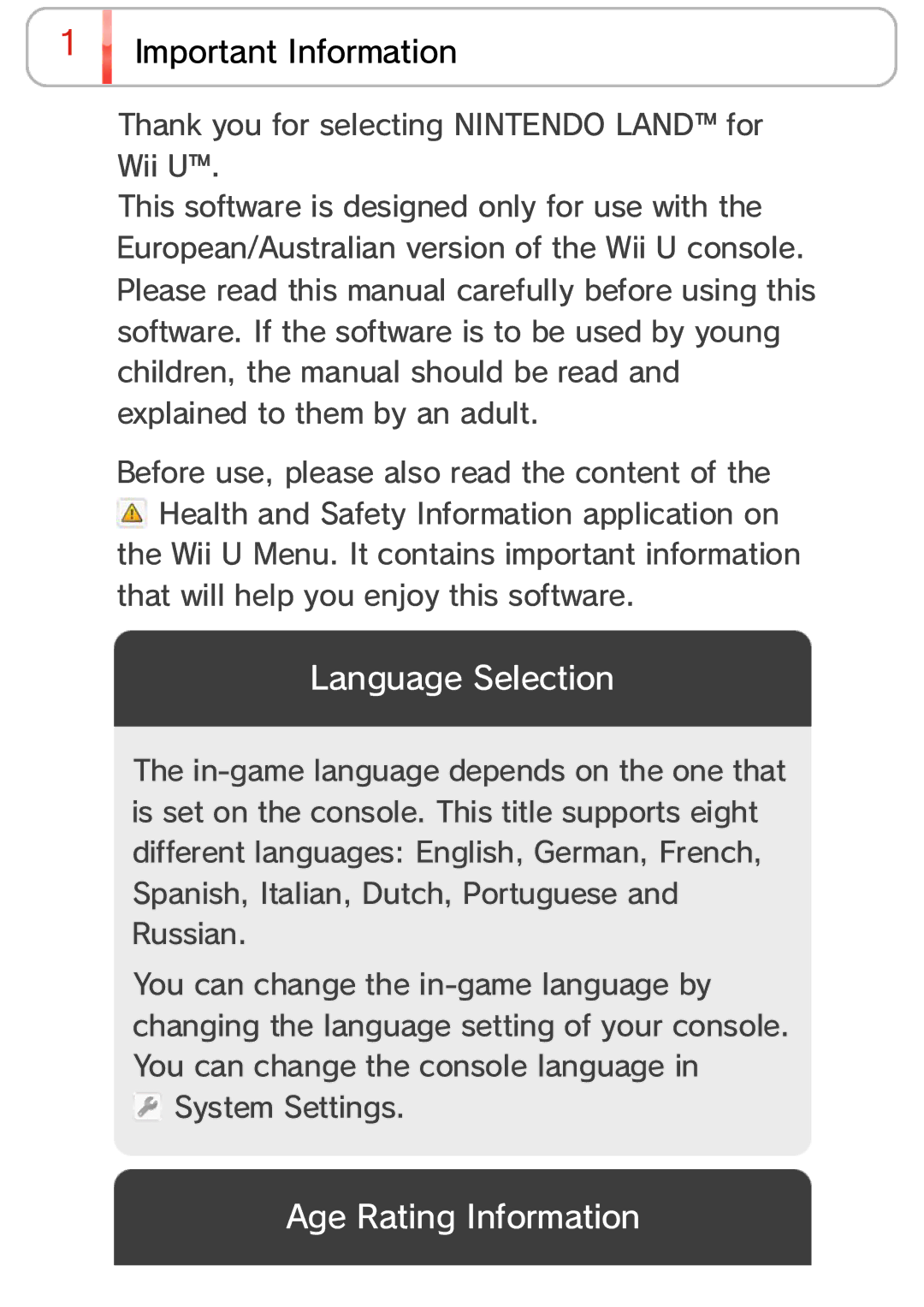 Nintendo 45496903008 manual Language Selection 