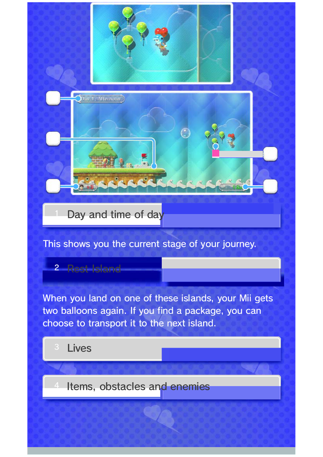 Nintendo 45496903008 manual Day and time of day, Rest Island, Lives Items, obstacles and enemies 