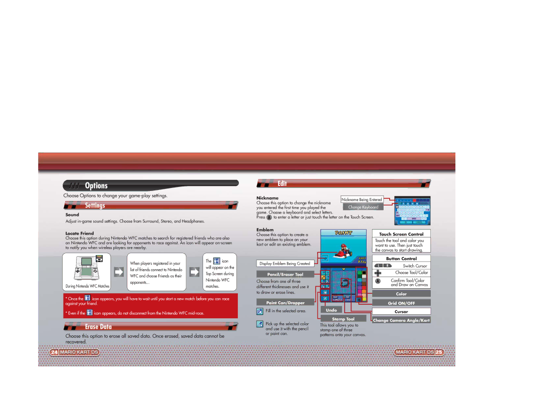 Nintendo 58713A manual Settings, Edit, Erase Data, Choose Options to change your game-play settings 