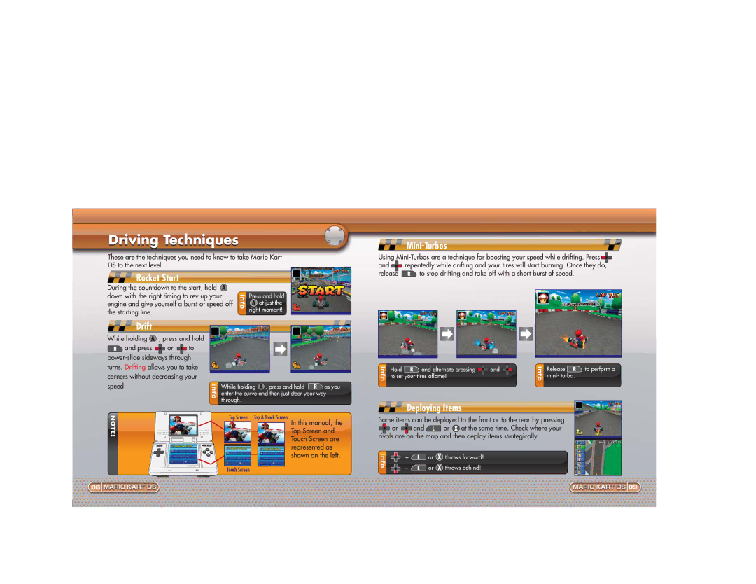 Nintendo 58713A manual Driving Techniques, Mini-Turbos, Rocket Start, Drift, Deploying Items 